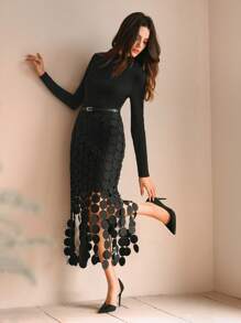 Anewsta 女士蕾丝边长袖针织连衣裙 - 黑色 - 查看 4