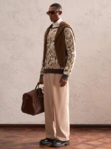 AKNOTIC Party Men's Loose Fit Raglan Crew Neck Long Sleeve Knitted Sweater, Suitable For Autumn/Winter - Khaki - View 6