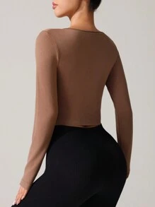 SHEIN Camiseta de manga larga raglan corta para mujer, nueva camiseta interior ajustada de otoño para deportes y yoga - Café integral - Ver 2