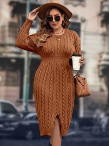 SHEIN Clasi Plus Size Solid Color Crew Neck Twist Pattern Casual Everyday Long Sleeve Sweater Dress