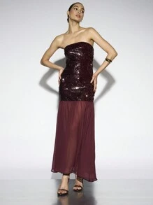 AiiRZ Sequin Bandeau Sheer Ruffle Hem Maxi Dress - Burgundy - View 6