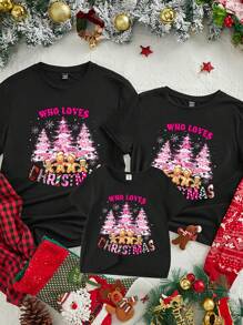 Manfinity Homme Camiseta de hombro regular talla negro, camiseta con árbol de Navidad para parejas, familias y fiestas