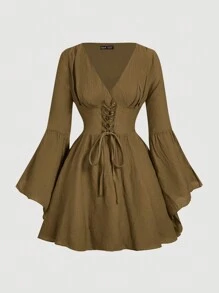SHEIN MOD 礼服 带袖舞会礼服 女士喇叭袖腰系带连衣裙 - 卡其色 - 查看 1