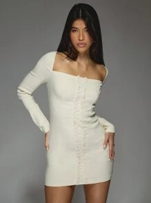 MISSGUIDED 系带细节宽方领长袖迷你连衣裙 - 杏色 - 查看 5