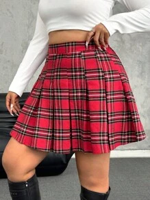 SHEIN EZwear Jupe mini plissée taille haute à carreaux pour femmes grandes tailles