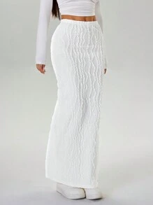 SHEIN EZwear 1 件女士纯色针织中长铅笔裙，优雅合身 - 白色 - 查看 1