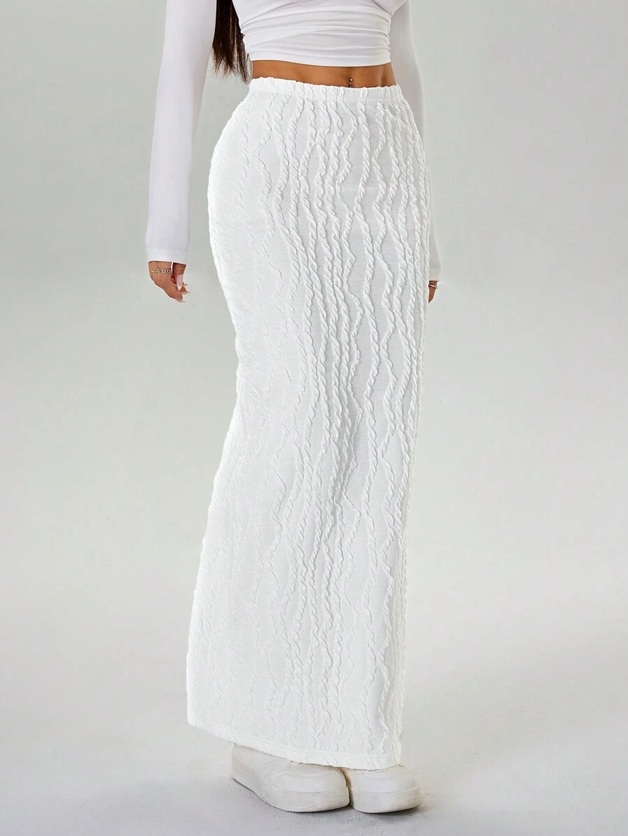 SHEIN EZwear 1 件女士纯色针织中长铅笔裙,优雅合身 - 白色 - 查看 1