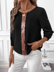 SHEIN Clasi Women's Leopard Print Patchwork Metal Decoration Elegant Casual Round Neck Short Sleeve Shirt - Multicolor - View 4