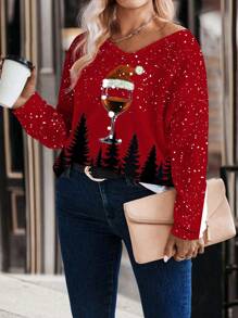 EMERY ROSE Camiseta de manga larga con cuello en V para mujer talla grande, con estampado casual suelto de árbol de Navidad y copa de vino tinto, adecuada para el atuendo navideño de otoño/invierno
