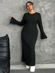 SHEIN EZwear Plus Size Women Casual Solid Color Long Sleeve Asymmetrical Hem Long Dress, Autumn/Winter