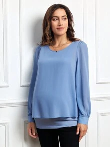 SHEIN Áo thun bà bầu cổ tròn tay dài màu trơn tối giản, mặc thường ngày - Màu xanh lam - Xem 6