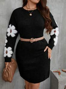 SHEIN Clasi Plus Size Casual Floral Pattern Fitted Sweater Dress, Autumn/Winter Fall Cloth For Women - Black - View 3