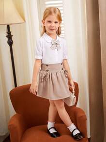 SHEIN Young Girl Double Breasted Shirred Frilled Bow Front Skirt - Apricot - View 5