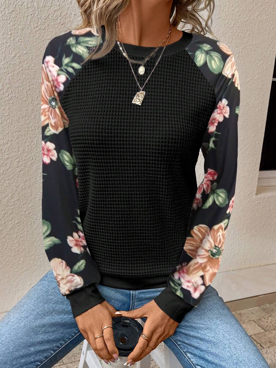 EMERY ROSE 女士花卉拼接黑色纹理面料休闲卫衣，秋季套头衫
