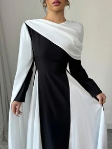 Rafferiza Women's Round Neck Pleated Color Block Elegant Extra Long Sleeve Dress Fall Cloth For Women - Black and White - View 5