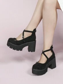 CUCCOO DOLLMOD Women's Black Simple College Style Platform Loafers - Black - View 4