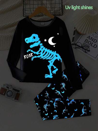 Tween Boys Snug Fit Dinosaur Print Glow-In-The-Dark Long Sleeve Top And Pants 2pcs Pajama Set
