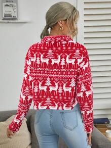 SHEIN LUNE All-Over Print Front Button Casual Versatile Long Sleeve Jacket For New Year Clothes - Red - View 2