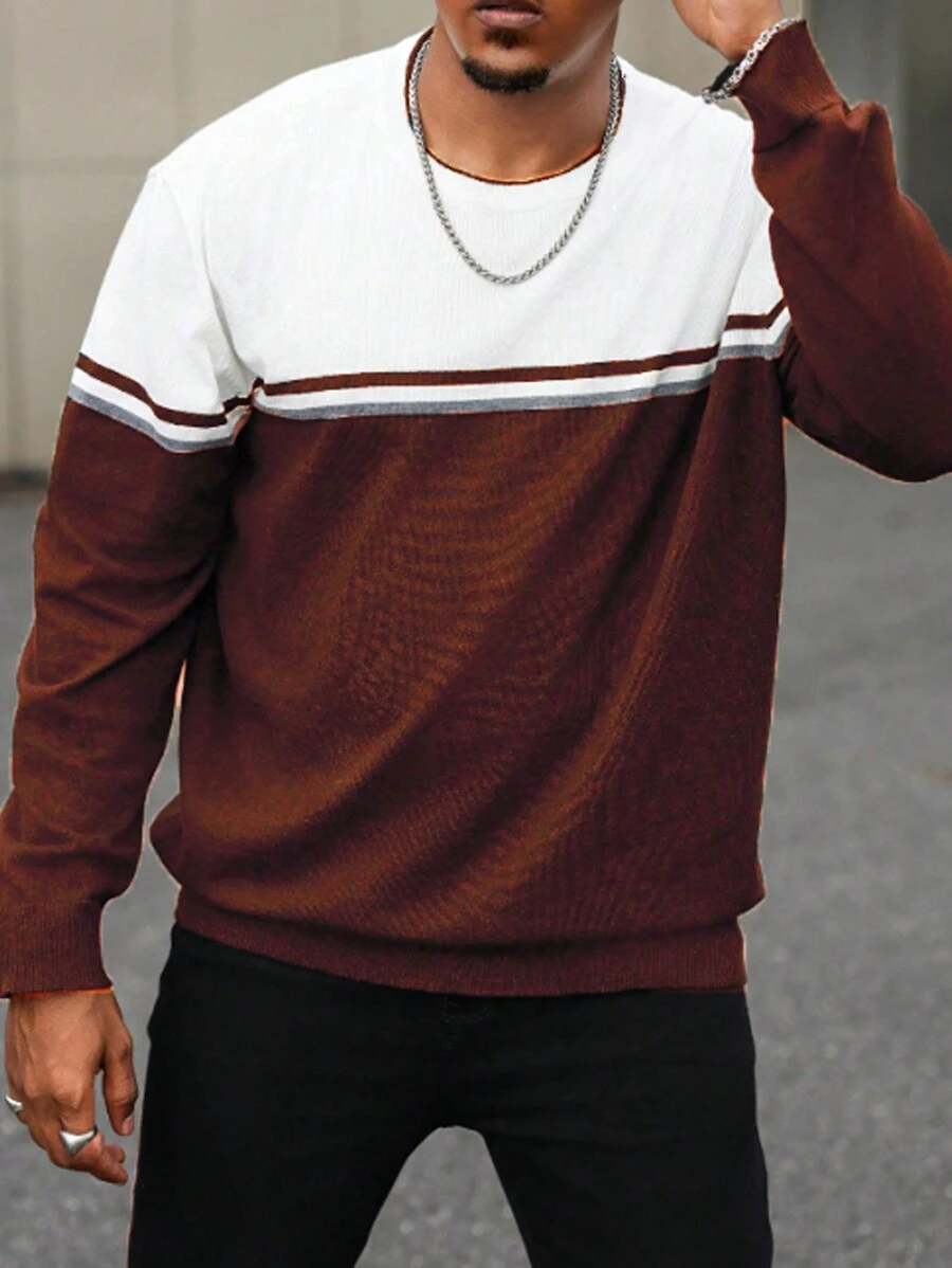 Manfinity Homme Plus Size Men's Contrast Color Round Neck Casual Pullover Sweater