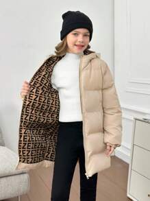 SHEIN Tween Girl 休闲连帽几何文字印花加厚保暖内衬长款夹克 - 卡其色 - 查看 1