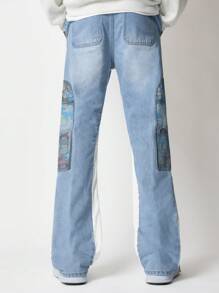 SUMWON Artistically Embellished Flared Jeans Stained Glass Print Denim Color Block Wide Leg Statement Pants Festival Concert Party Wear Unique Pattern - Light Wash - View 4