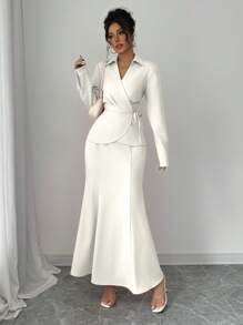 Elenzga 2pcs Set: Elegant Solid Color Tie-Up Wrap Waist Blouse & Mermaid Skirt - Apricot - View 5