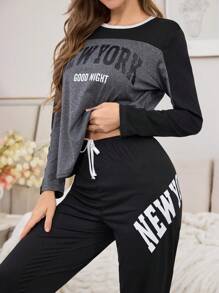 Conjunto de pijama informal de manga larga con bloqueo de color y estampado de lema
