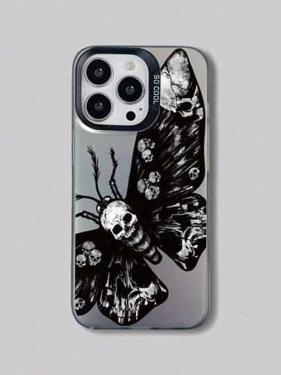 Goth 1pc Gothic Style Skeleton & Butterfly IMD Silver-Black Laser Phone Case Compatible With IPhone