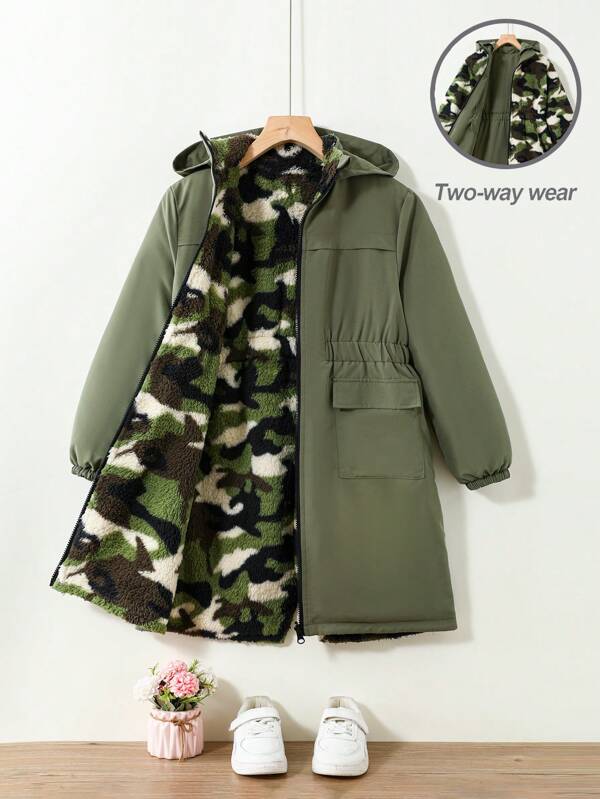 SHEIN Tween Girls Military Green Solid & Fashionable Camouflage Fleece Loose Casual Warm Reversible Hooded Cinched Waist Mid-Length Windbreaker, Versatile