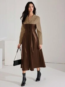 Heiryn Contrast Material Patchwork PU Leather Collar Chic Commuter Korean Style Long Dress - Brown - View 5