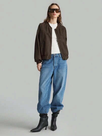 Ontre 2025 春季女装新款时尚，Barnfund 翻领和袖口 PU 皮夹克，女士 PU 皮飞行员夹克，棕色领飞行员夹克 - 长袖