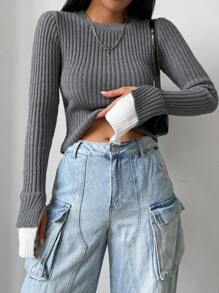 Chiquease Crew Neck Slim Fit Ribbed Knit Color Block Long Sleeve Sweater