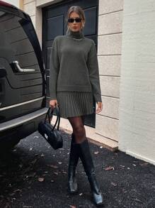 EMERY ROSE Women Grey High Collar Drop Shoulder Sweater And A-Line Pleated Knit Skirt 2 Pieces Set For Autumn/Winter Fall Cloth For Women - Grey - View 3
