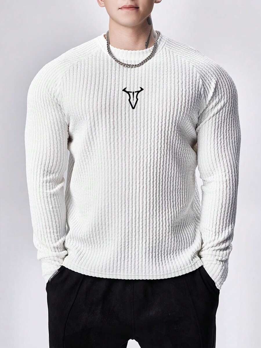 Gym Rark Men's Casual Minimalist Bull Head Print Sports Long Sleeve T-Shirt - White - View 1