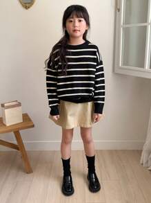 Dazy Kids Sweater Rajut Bergaris Kerah Bulat Ukuran Besar untuk Anak Perempuan Remaja, Musim Gugur, Pakaian Kembali ke Sekolah - Hitam - View 7