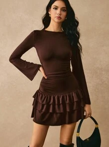Váy ngắn đơn giản màu trơn cho nữ, thời trang để mặc hàng ngày, trang phục thường ngày, thanh lịch và quyến rũ, quần áo thu đông, thích hợp để mặc hàng ngày, dạo phố, đi làm, hẹn hò và những dịp khác - màu nâu - Xem 5