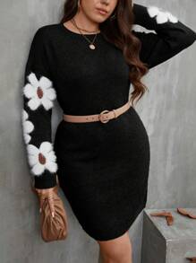 SHEIN Clasi Plus Size Casual Floral Pattern Fitted Sweater Dress, Autumn/Winter Fall Cloth For Women - Black - View 6