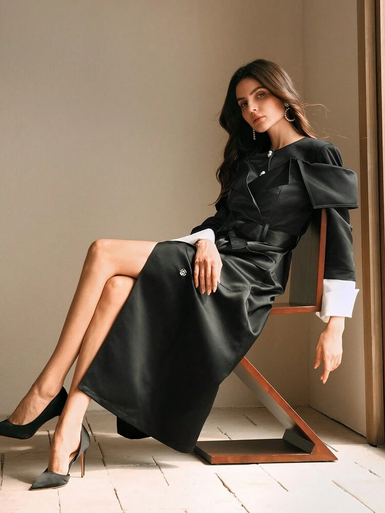Women's Splice Color-Block Long Sleeve Belted Trench Dress Maxi Satin Women Outfit