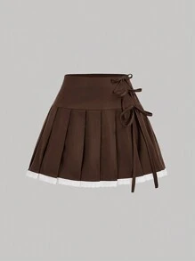 SHEIN MOD Falda gris plisada con aplicaciones de encaje y moño, prenda de verano versátil