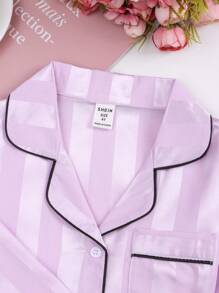 2pcs Young Girl Autumn Jacquard Stripe Long Sleeve Top And Pants Sleepwear Set - Mauve Purple - View 3