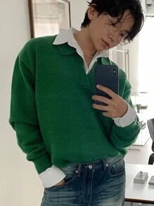 DAZY Men's Solid Color Turndown Collar Long Sleeve Casual Pullover Sweater, Autumn - Green - View 4