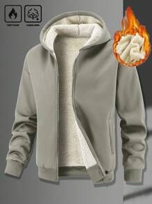 Manfinity Homme Men's Casual Solid Color Thermal Lined Hoodie, Winter - Grey - View 7