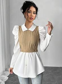 Chiquease Women's Autumn Colorblock Collared Puff Sleeve Ruffle Hem Fashionable Blouse - Multicolor - View 1