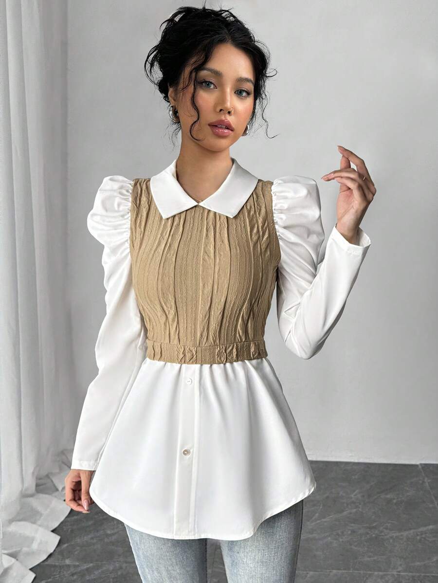 Chiquease Women's Autumn Colorblock Collared Puff Sleeve Ruffle Hem Fashionable Blouse - Multicolor - View 1