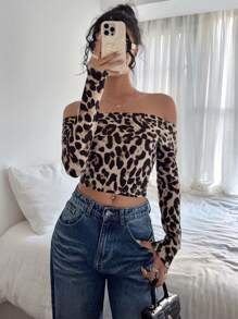 SHEIN Essnce 秋季女士单肩豹纹女式长袖T恤露肩修身女士上衣 - 棕色 - 查看 1