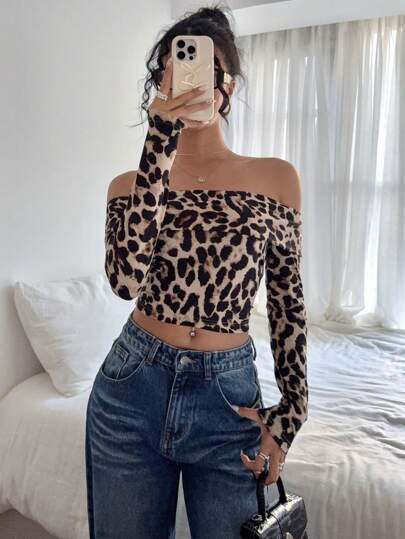 SHEIN Essnce 秋季女士单肩豹纹女式长袖T恤露肩修身女士上衣
