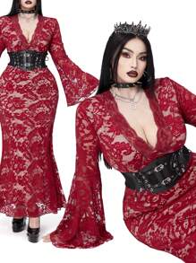 Flirla 哥特式风格加大码酒红色蕾丝喇叭袖 V 领连衣裙，优雅派对装勃艮第长款哥特式女装 - 酒紅色 - 查看 1