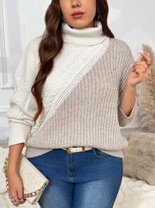SHEIN Frenchy Plus Size Colorblock Pullover Sweater, Casual & Comfortable, Autumn/Winter Fall/Winter - Khaki - View 1