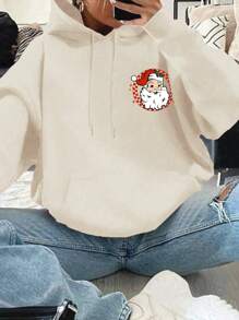 SHEIN EZwear 大码女式圣诞图案精致简约休闲连帽卫衣，圣诞套头衫，秋季款 - 米色 - 查看 4