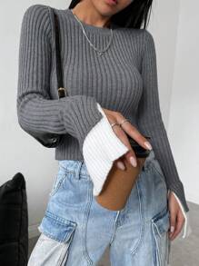 Chiquease Crew Neck Slim Fit Ribbed Knit Color Block Long Sleeve Sweater